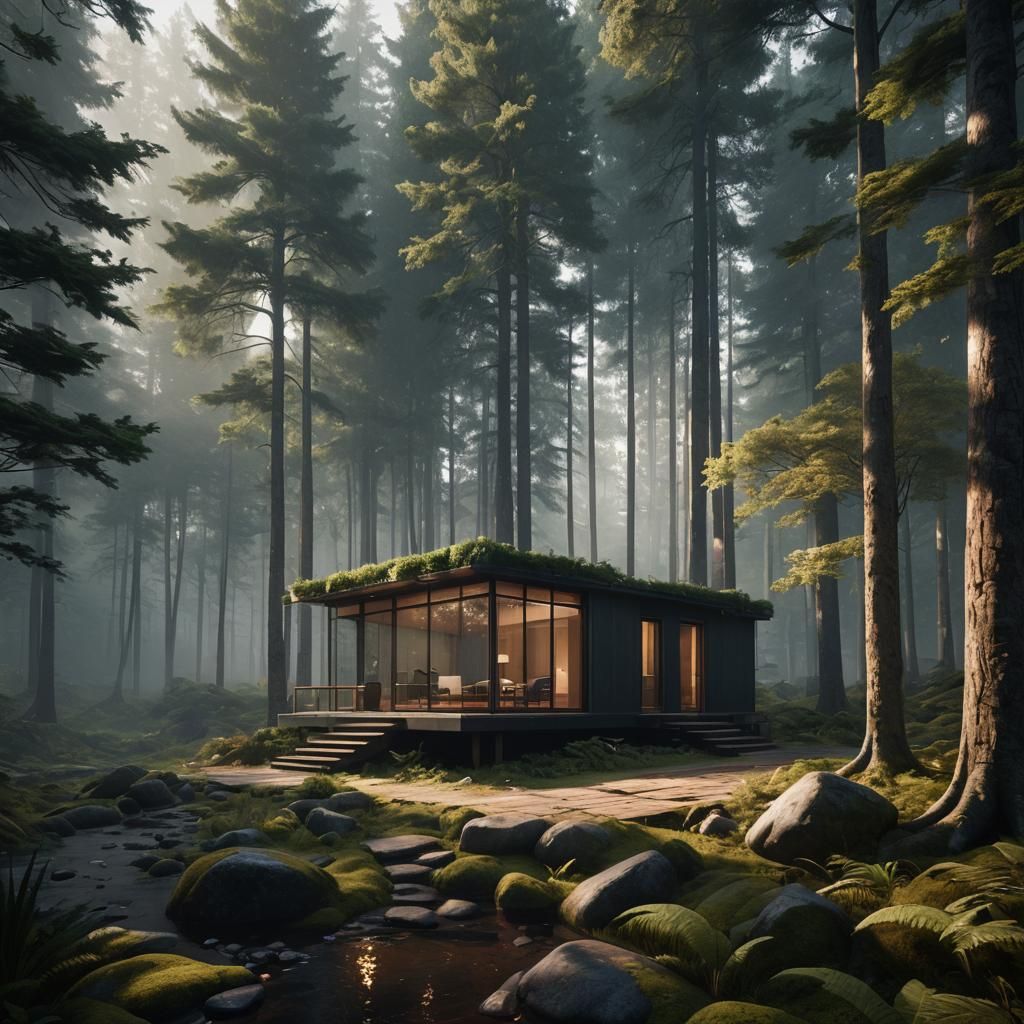 Minimalist Cabin Retreat in Forest: Matte Painting