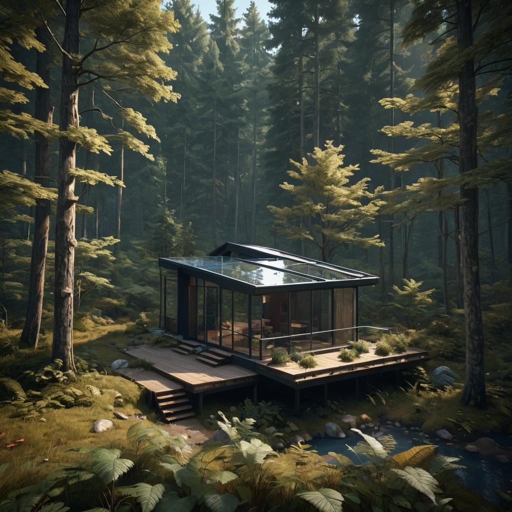 Minimalist Cabin Retreat in Lush Forest