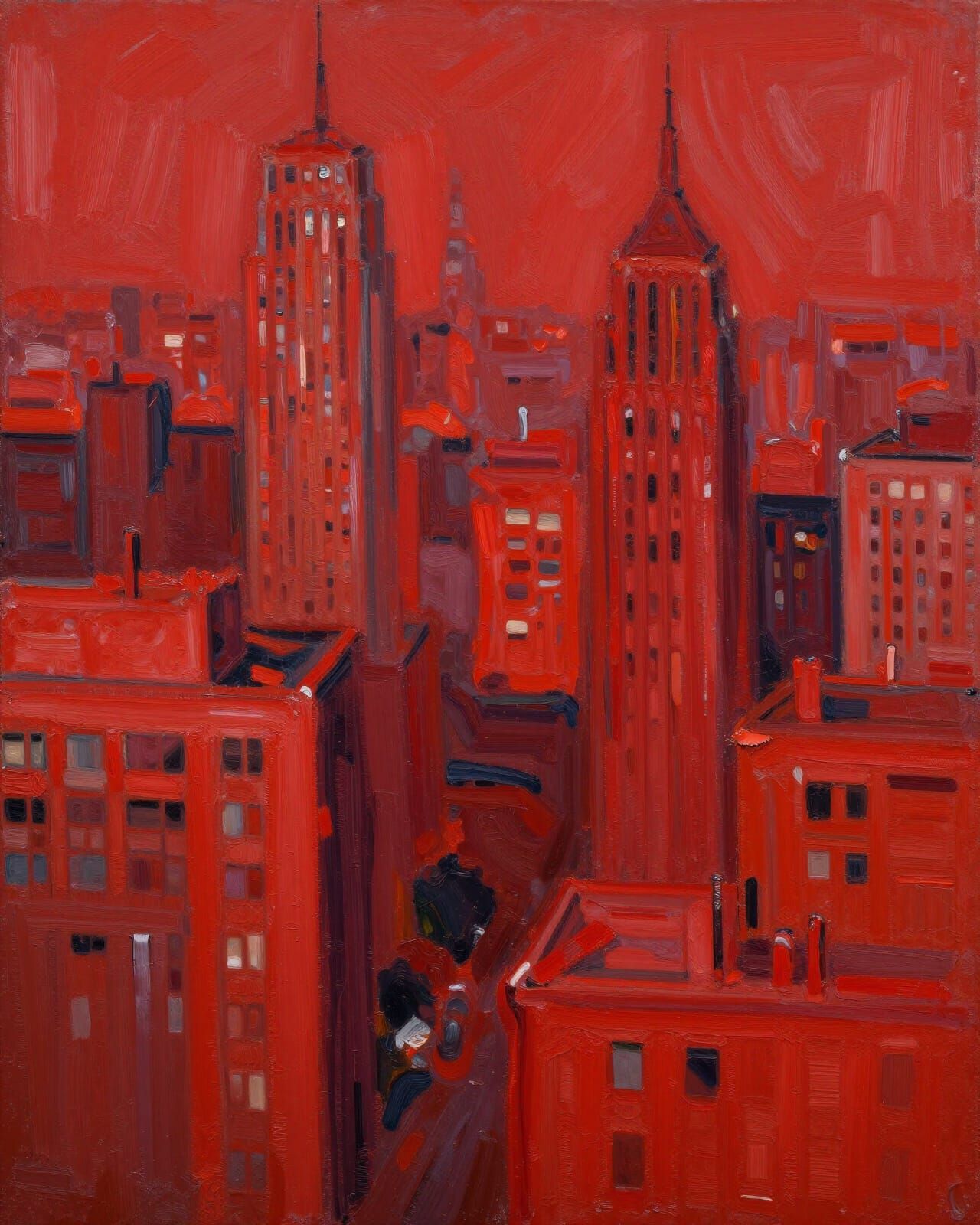 An abstract expressionist vision of an Eastern city, scarlet and vermilion dominating the scene