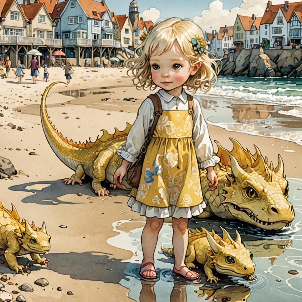 Chibi Girl and Dragon at Seaside, Watercolor Art