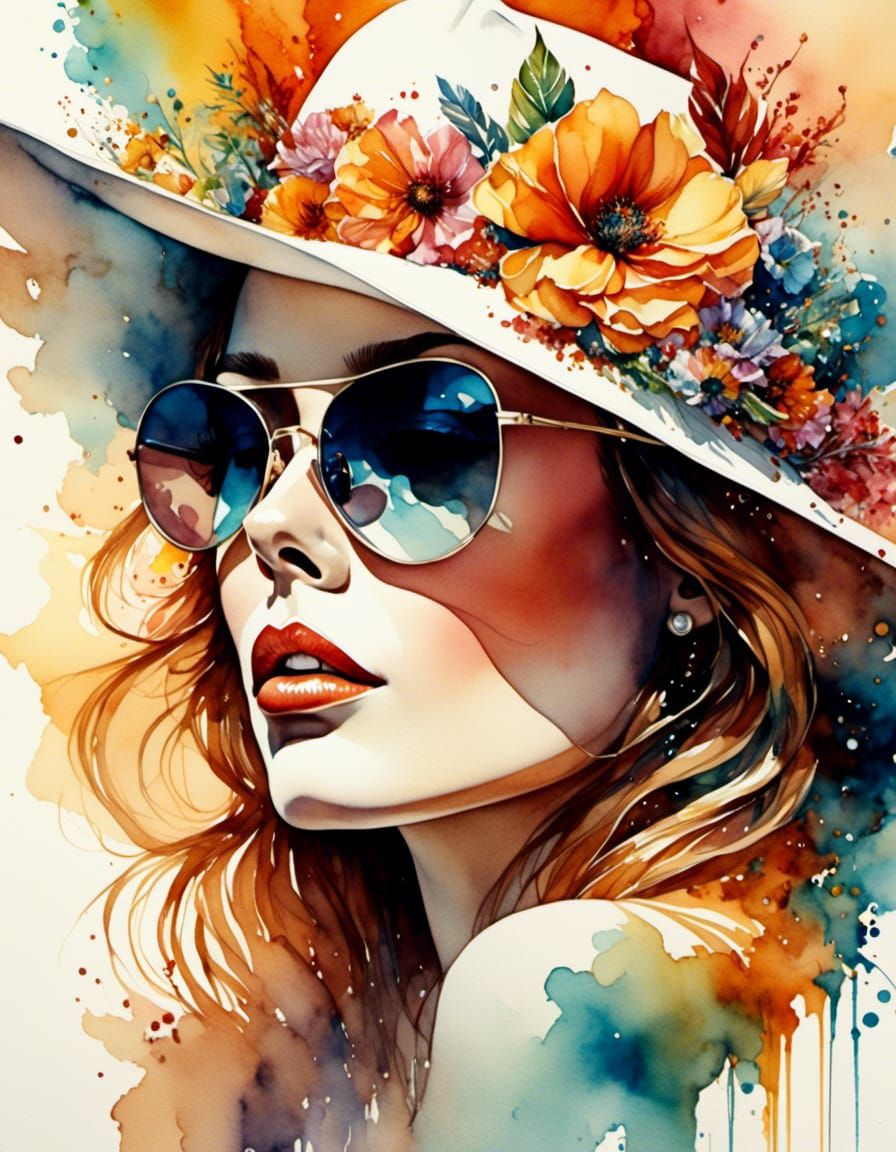 Watercolor Portrait of Woman with Sunglasses
