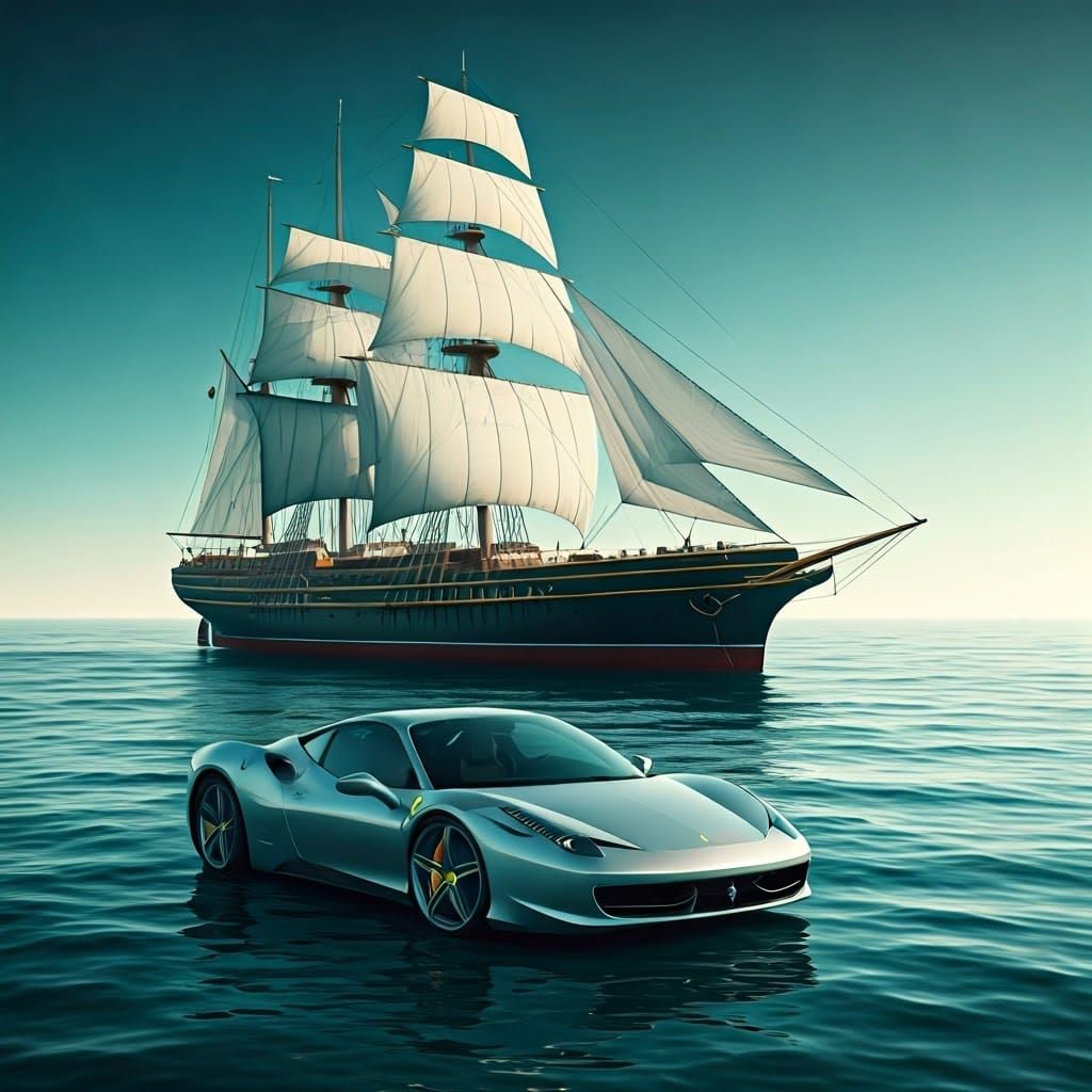 Futuristic Yacht Ferrari: A Silver Sports Car Sailing the Hi...