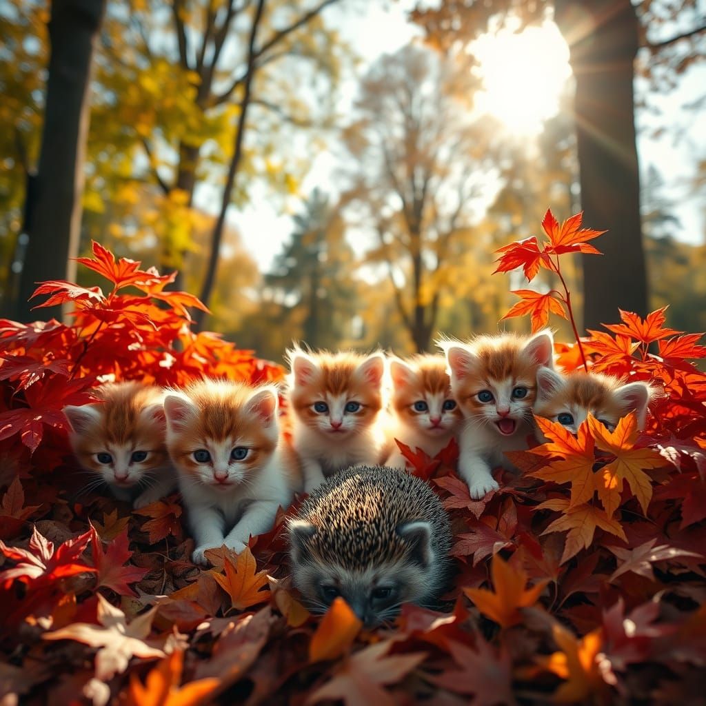 Six Fluffy Kittens Play in Autumn Leaves