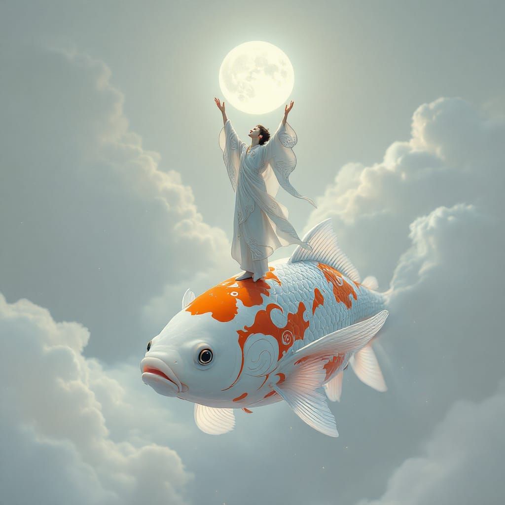Moon Catcher in Style of Victo Ngai  Koi Fishes, and a small figure standing on a fishes head, arms upside to the moin, ...