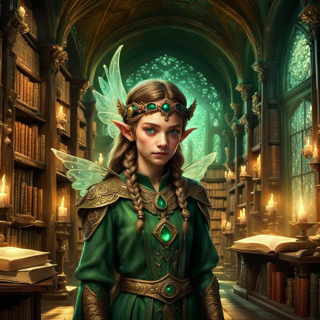 Elf with Glowing Wings in Ancient Library: Fantasy Art