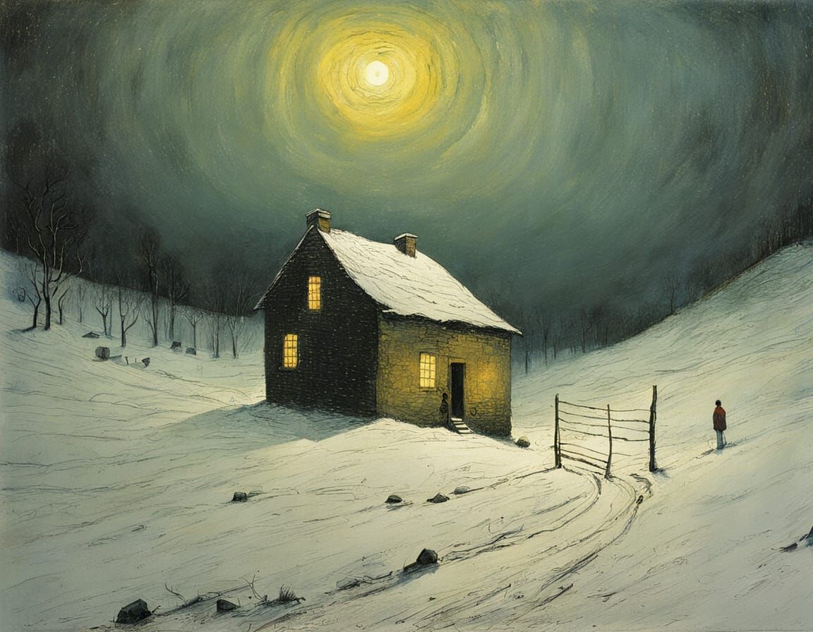 A Snowy Valley Scene with a Cozy House and Lonely Hiker at N...