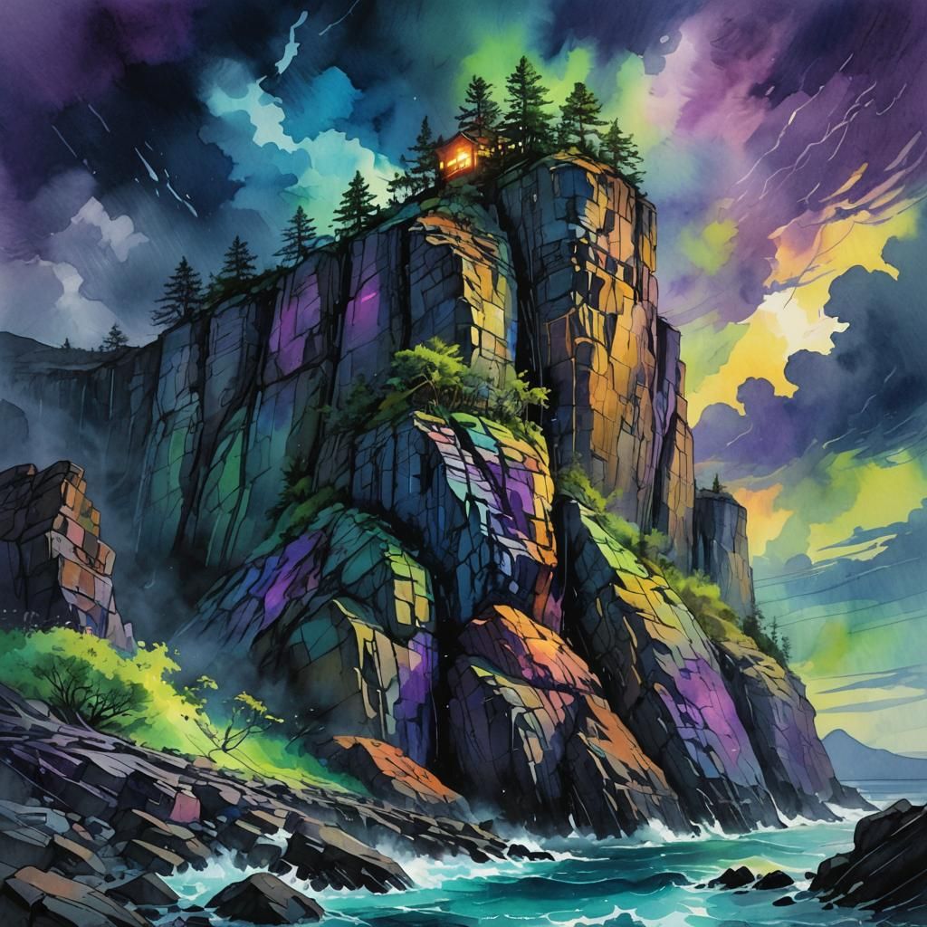 Neon Cliff Face Concept Art in Watercolor Style