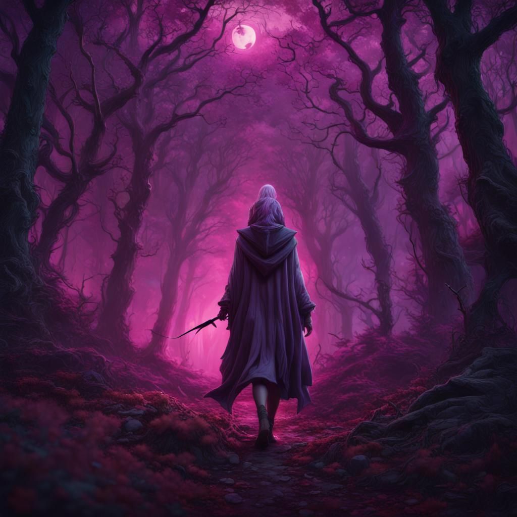 Pink Haired Hunter in a Dark Fantasy Forest