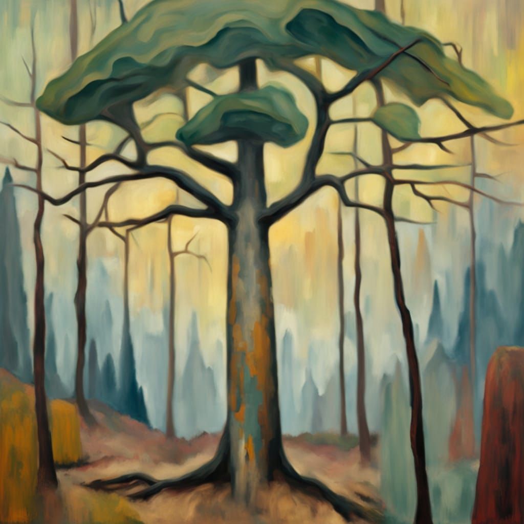 Eerie Tree in Lifeless Forest: Surrealist Oil Painting