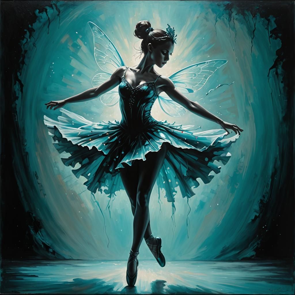 Dark Fantasy Fairy Ballerina in Turquoise Oil Painting