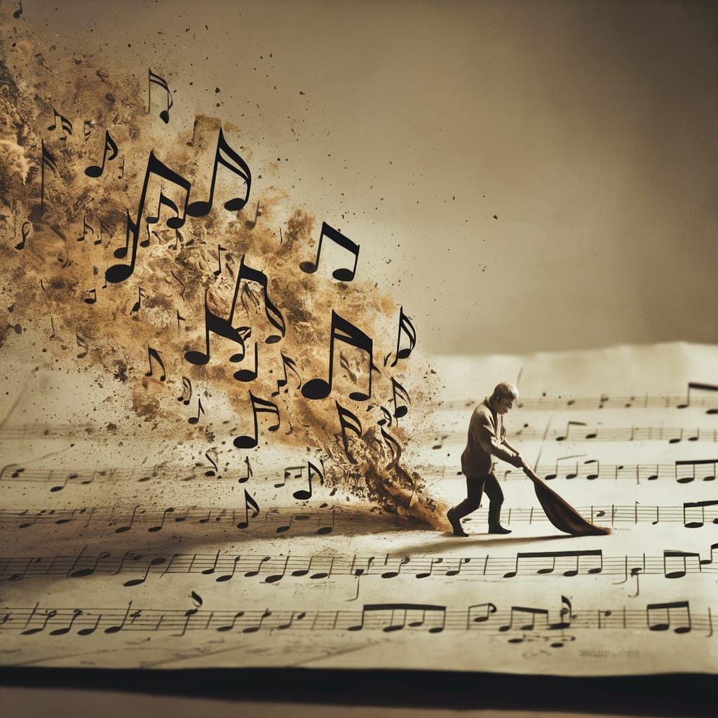 Surreal Whimsy: A Tiny Figure Sweeps Away Musical Notes