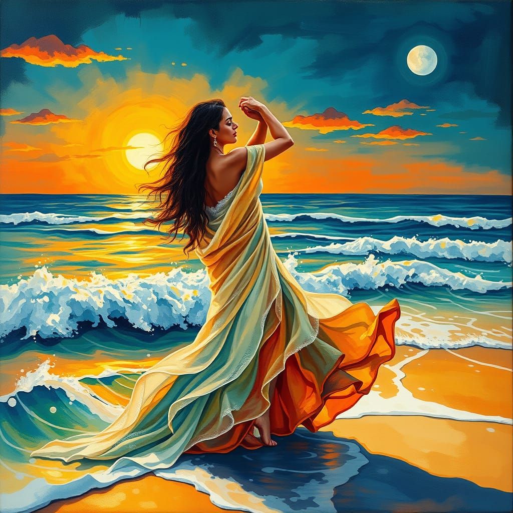 Ethereal Tango Couple Under Golden Sunset on Serene Beach