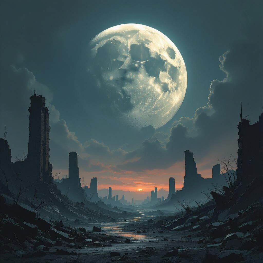 Apocalyptic Landscape with Looming Moon, Digital Art
