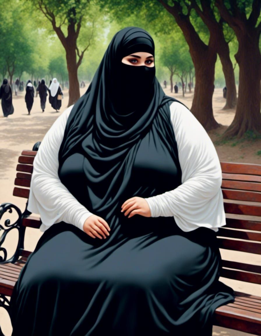 Young Niqabi Woman in Park as Oil Painting