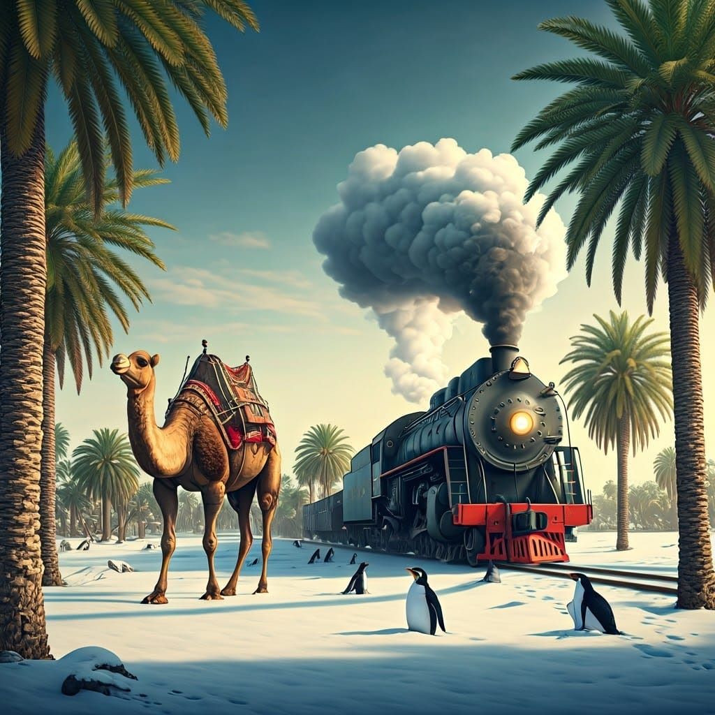 Surreal Oasis: Camels, Snow, and a Steam Train