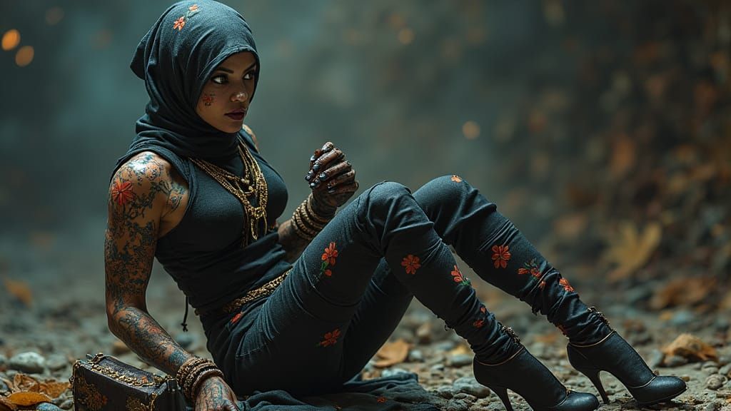 Muscular Mummy in High Heels with Floral Tattoos