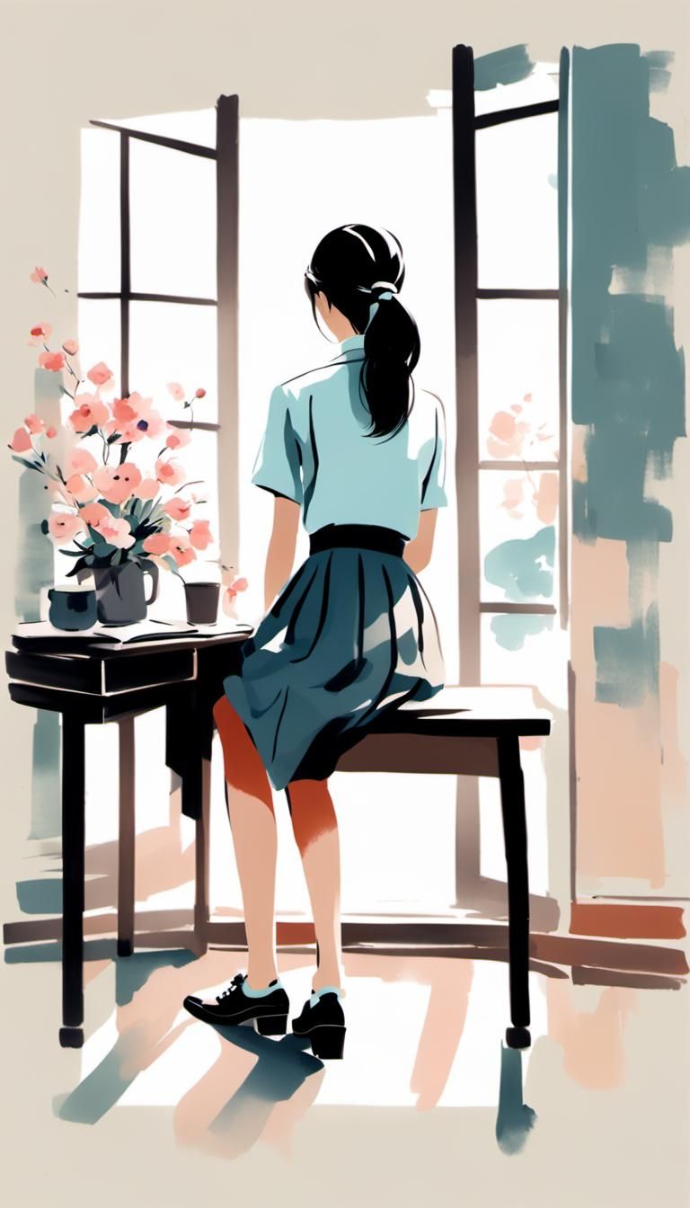 Minimalist Ink Painting of Office Lady in Pastel Hues