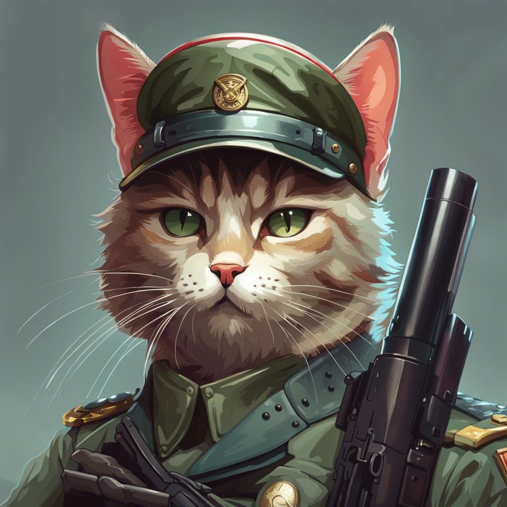 Cat in Army Uniform, Detailed Digital Portrait