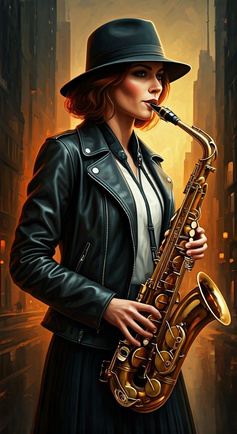 Street Musician in Noir Impressionist Style