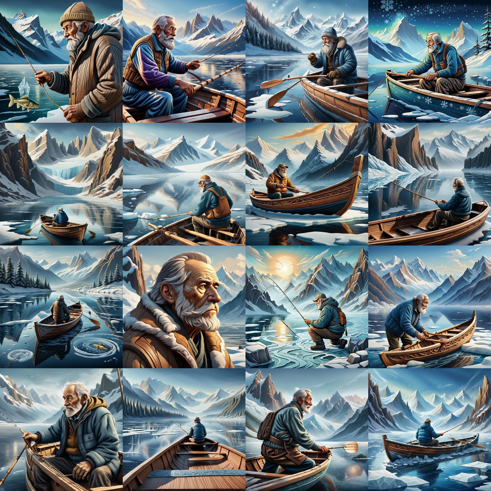 Old Man Fishing: Embossed Wood Carving