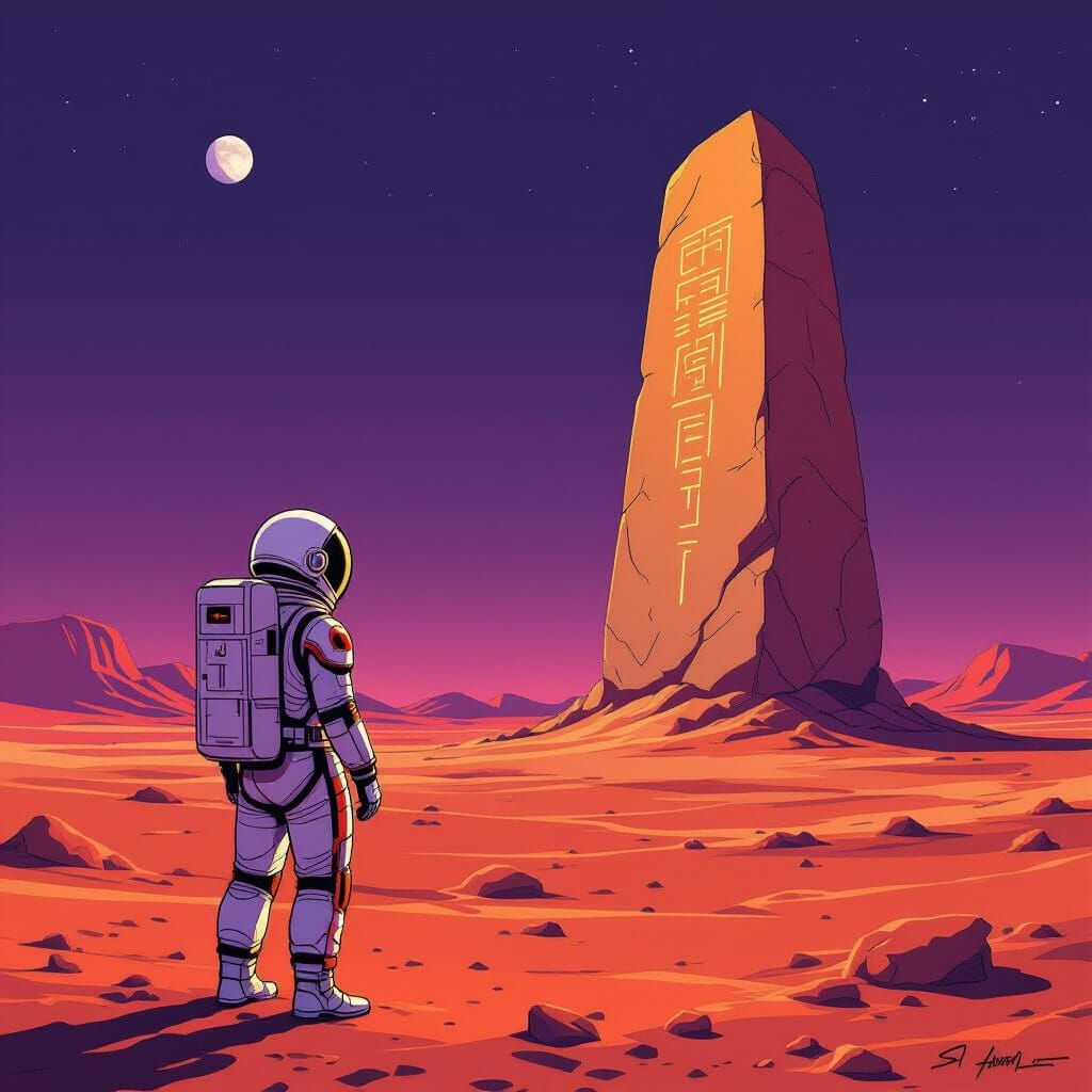 Astronaut on Mars with Alien Monolith in Moebius Style