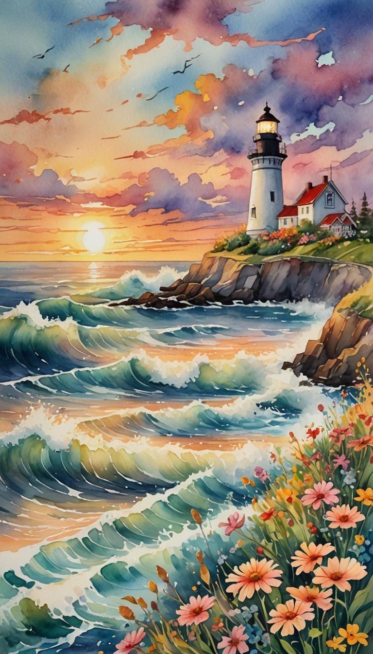 Sunset Lighthouse with Flowers in Watercolor Style