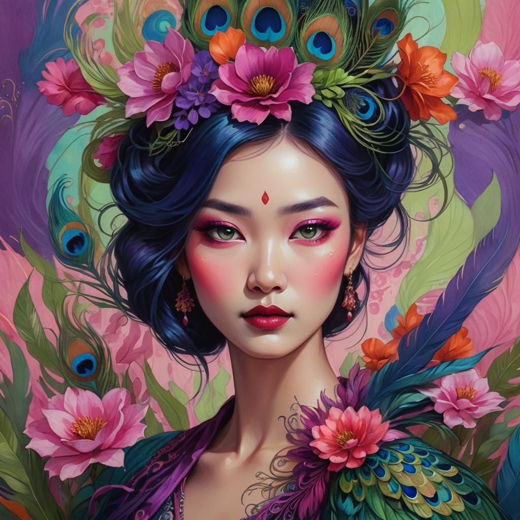 Art Nouveau Portrait: Asian Woman with Peacock Feathers