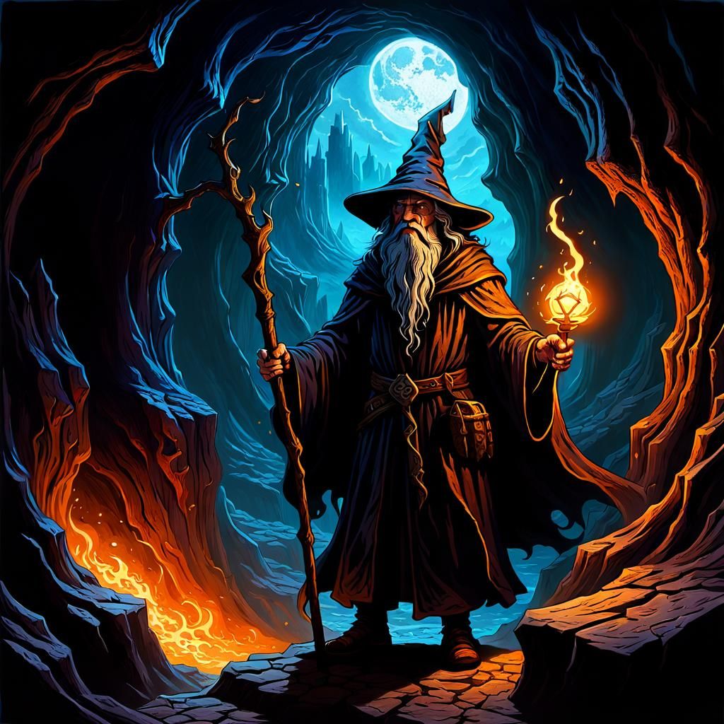 Wizard Exploring Cavern in Hildebrandt Style