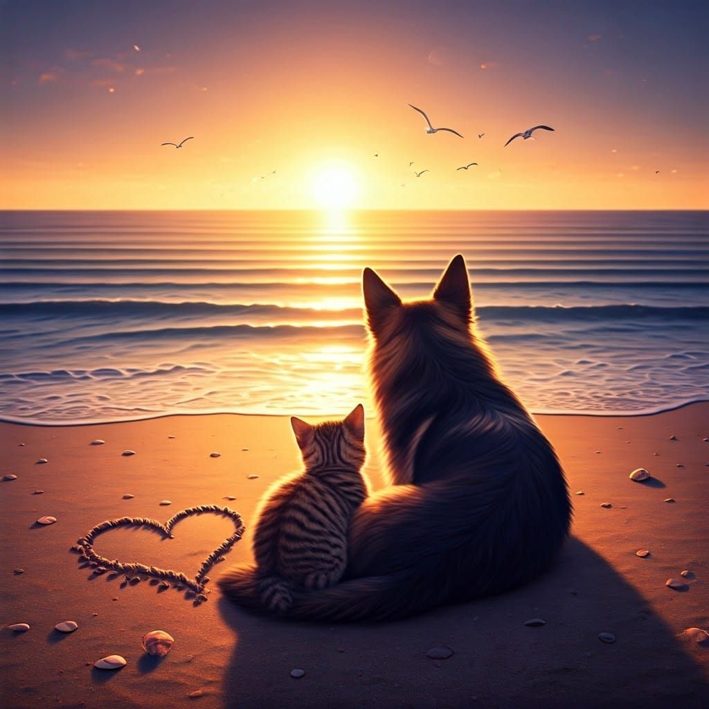 Golden Sunset Scene of Unlikely Friendship