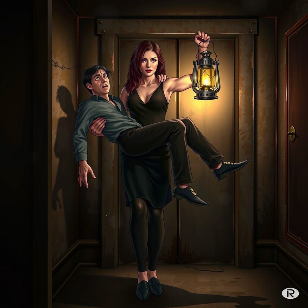 Protective Woman with Lantern in Dark Hallway