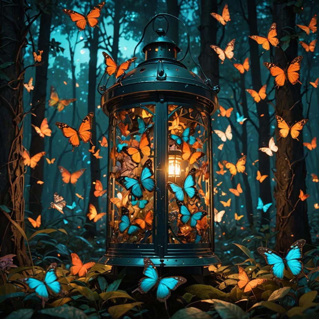 Lantern in Forest Surrounded by Butterflies
