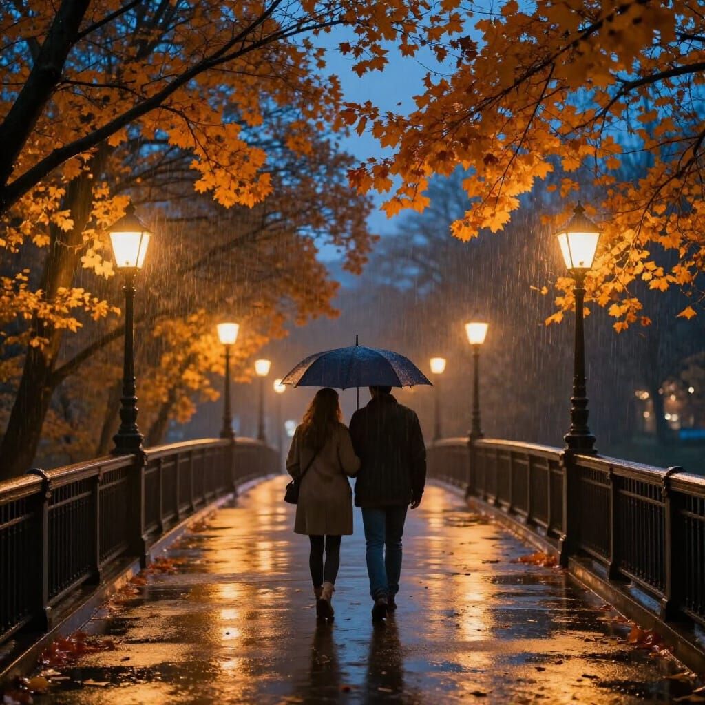 Couple's Romantic Twilight Walk on Autumn Bridge in Gentle R...