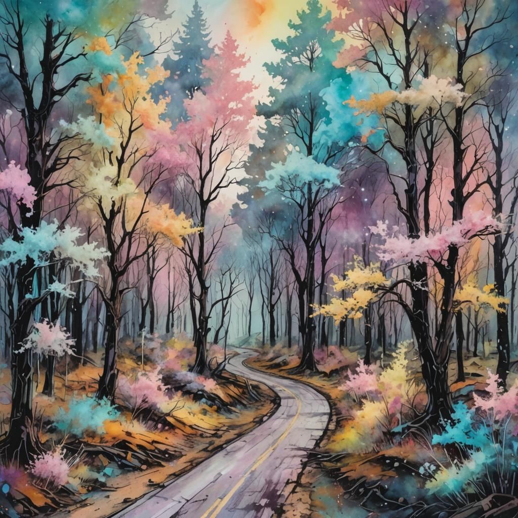 Post-Apocalyptic Pastel Forest Road in Alcohol Inks