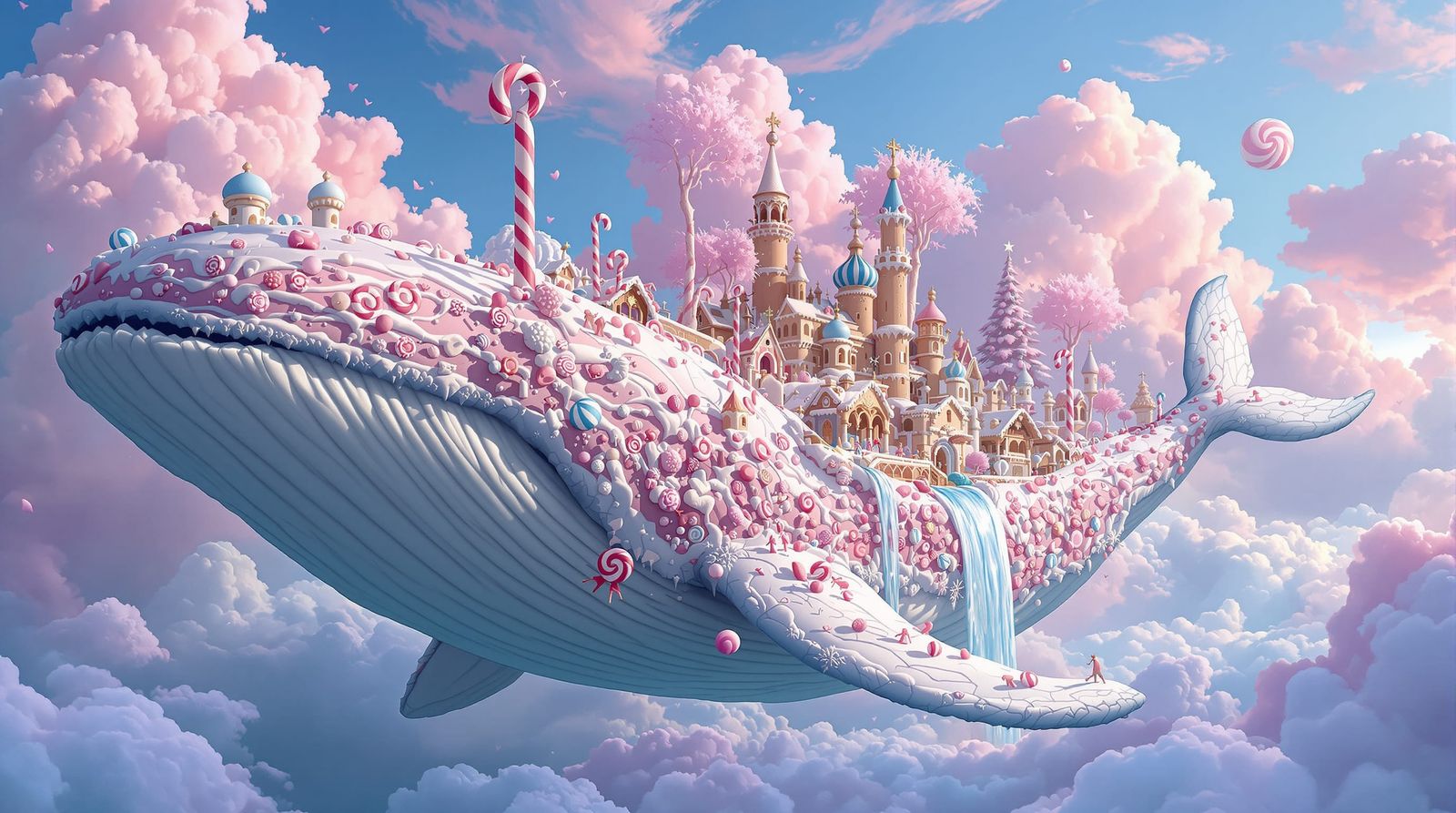 Whimsical Candy World on Flying Whale with Chocolate Waterfa...
