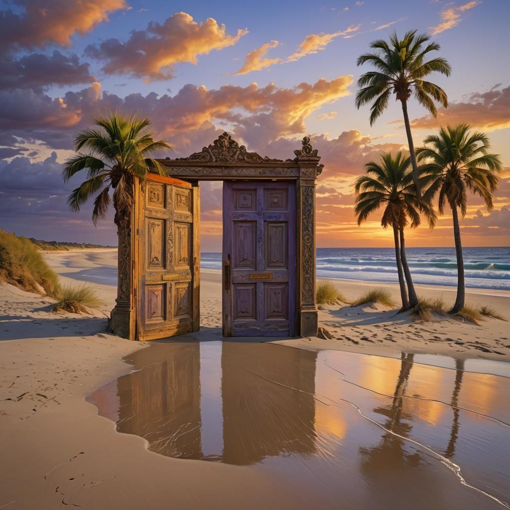 Ornate Doors Open to a Sunset Beach, Photorealistic