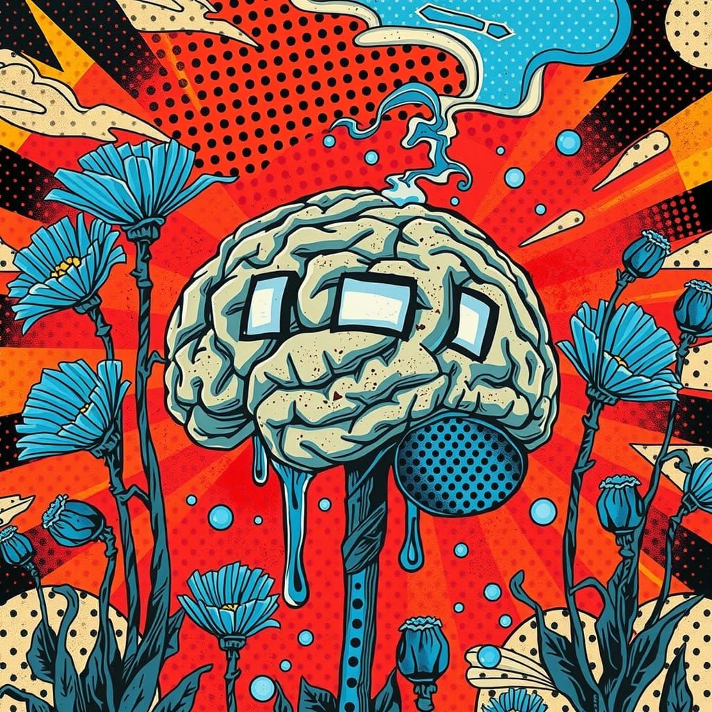 Surreal Brainscape with Poppies and Vintage Comic Collage