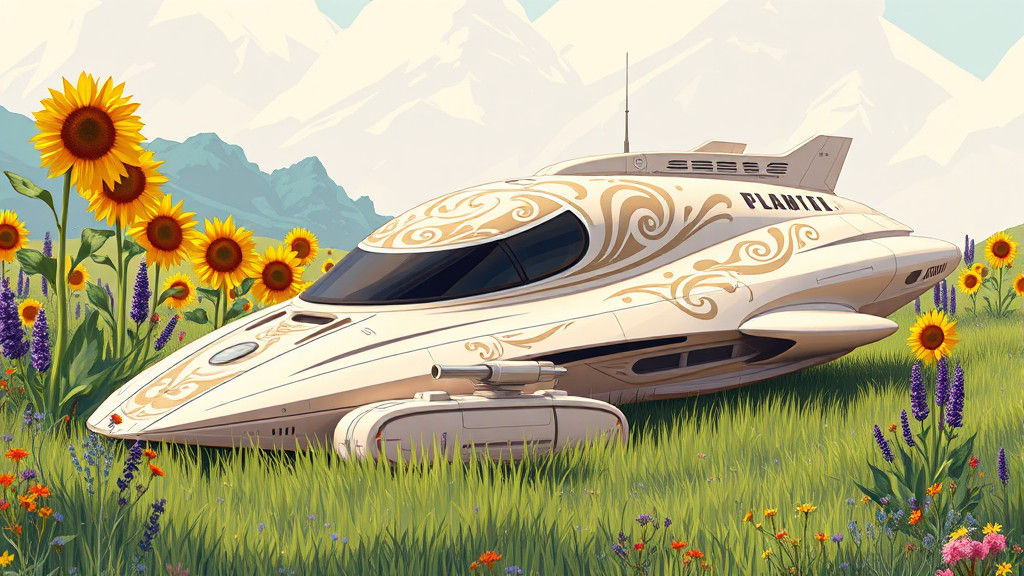 Futuristic Space Cruiser in Lush Meadow, Pixel Art