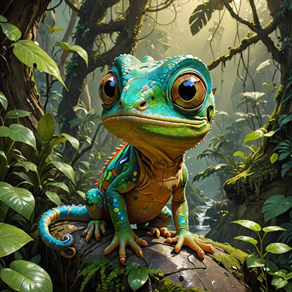 Chibi Chameleon in Anime Style Junglescape