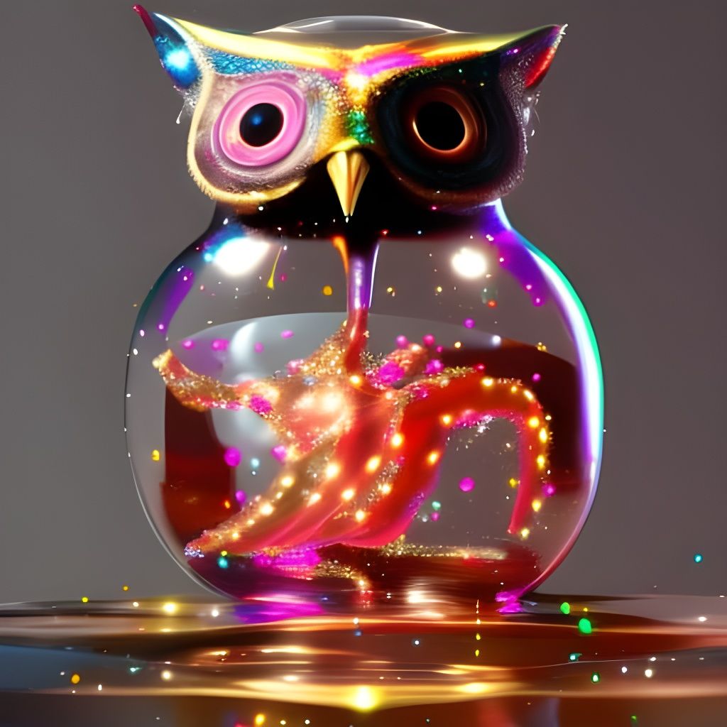 Glass Owl Figurine with Floating Blobs, 3D Render