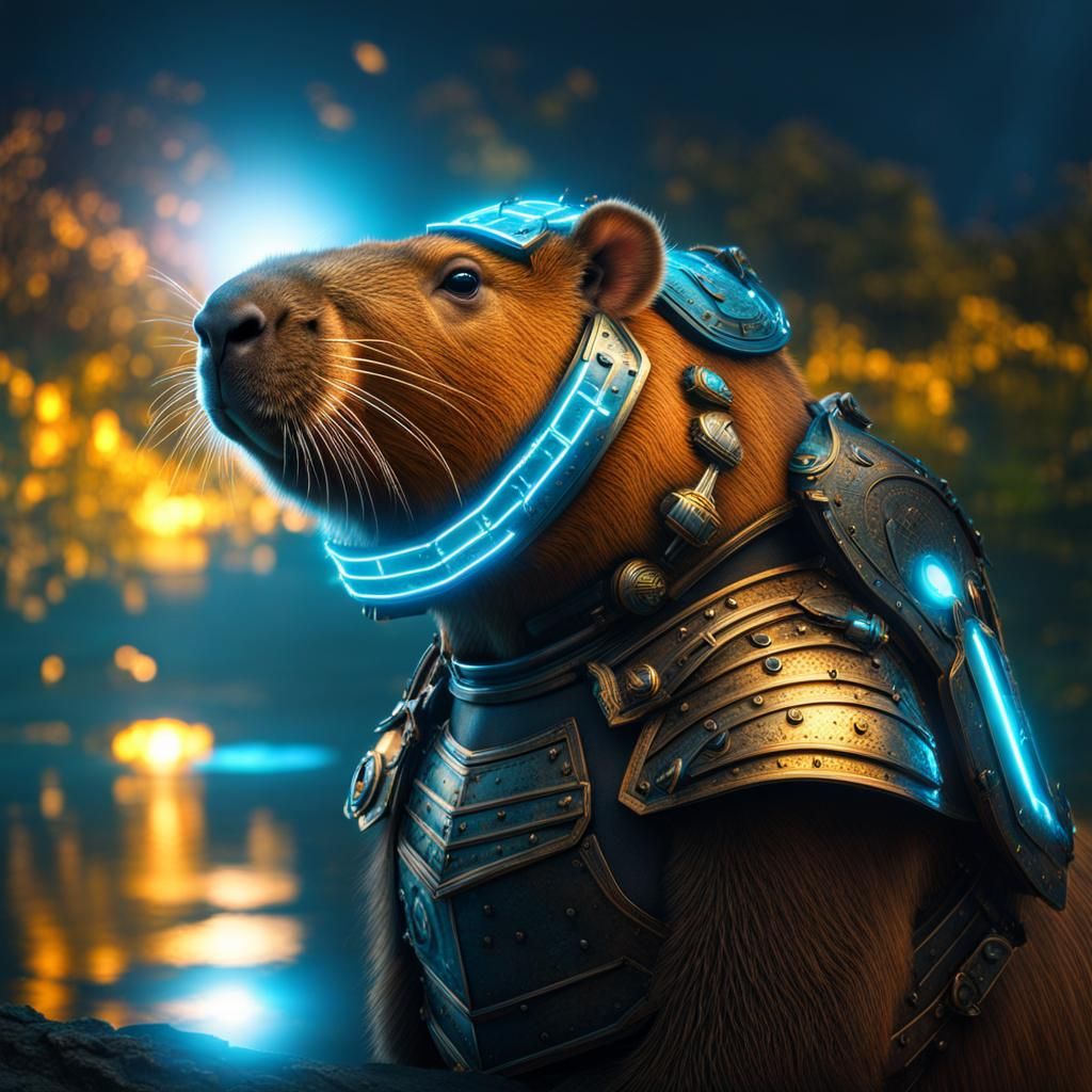 Bioluminescent Armored Capybara: Shimmering Reflections