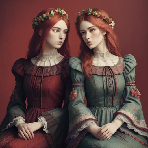 Pre-Raphaelite Inspired Women with Bold Red Backdrop