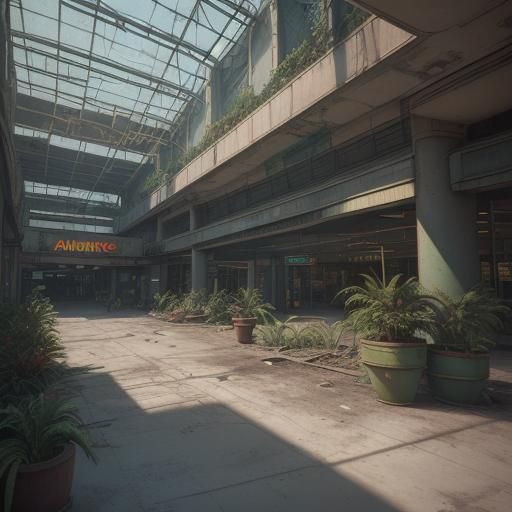 Abandoned 1970s Mall with Plant Pots: Detailed Matte Paintin...