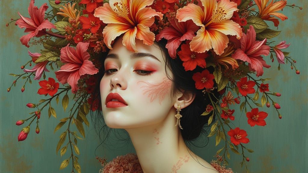 Woman Surrounded by Vibrant Flowers Looks Melancholic in Art...