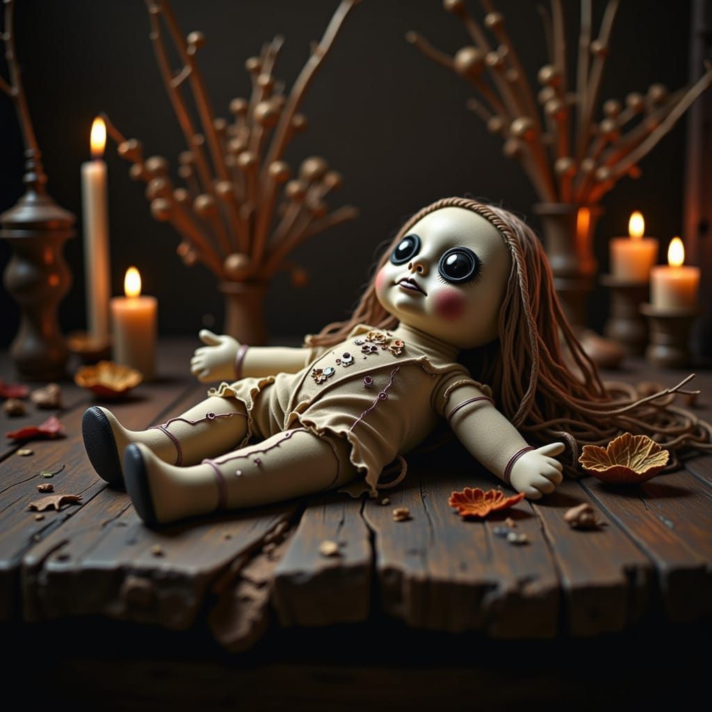 Eerie Voodoo Doll with Candles and Herbs
