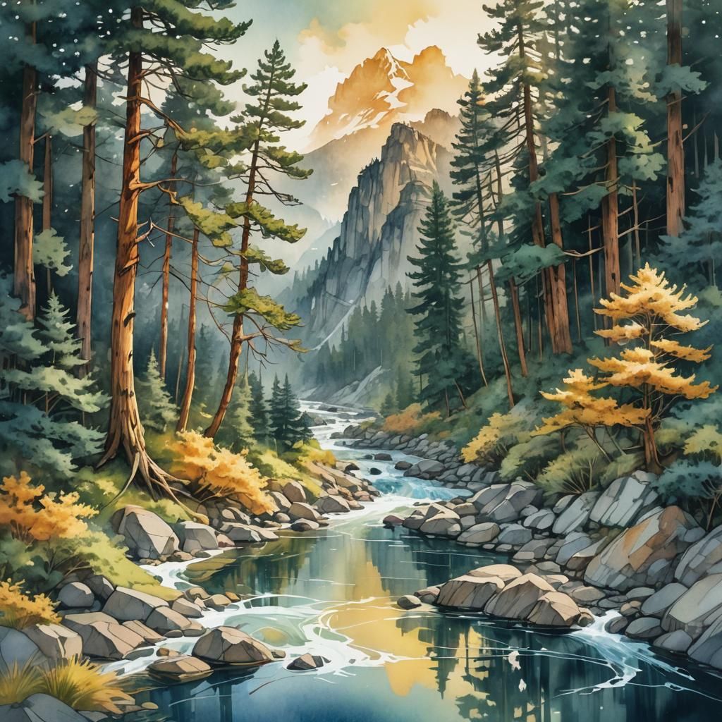 river flowing between two mountains with pine trees growing along the banks double exposure Digital watercolour, disinte...