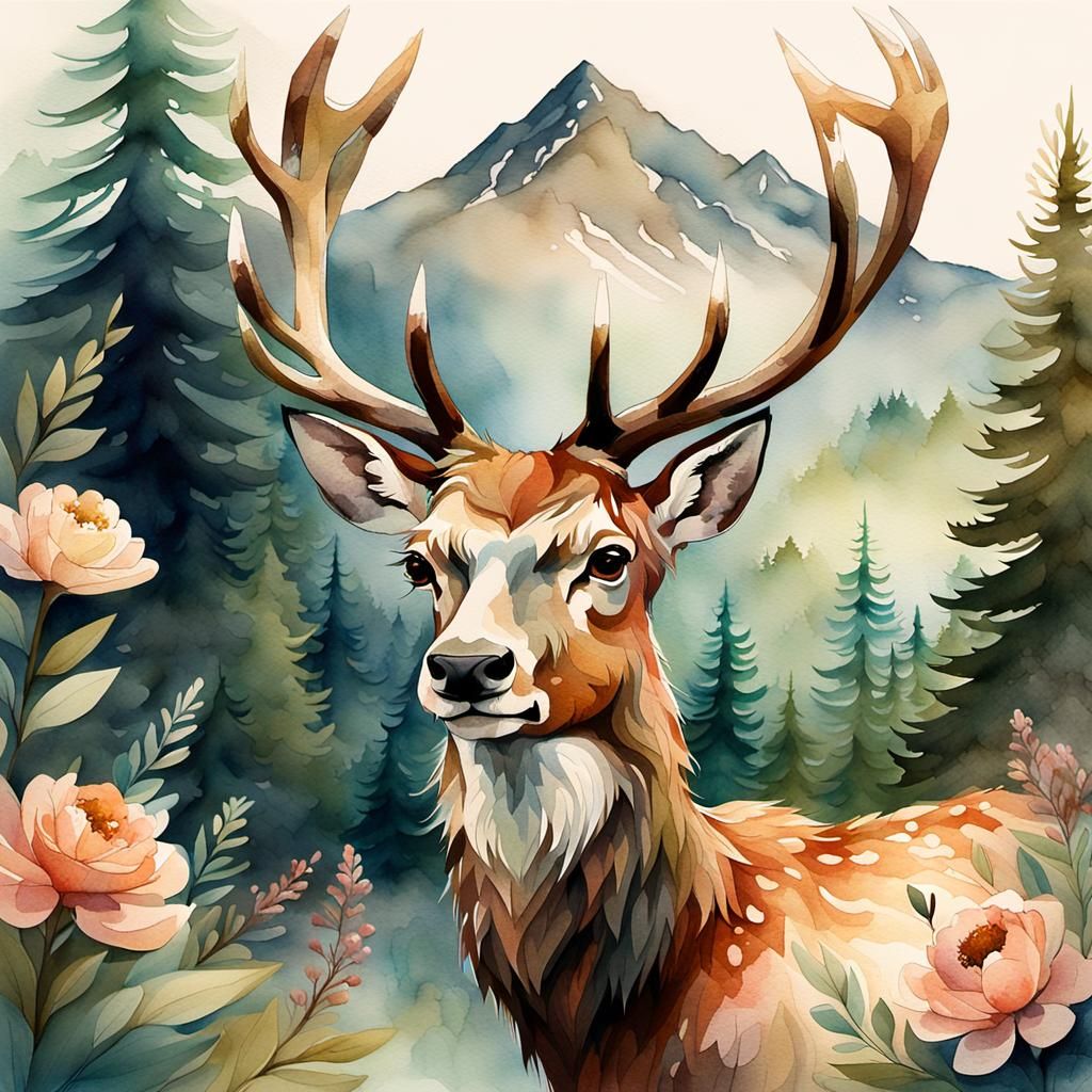Watercolor Stag in Forest Illustration