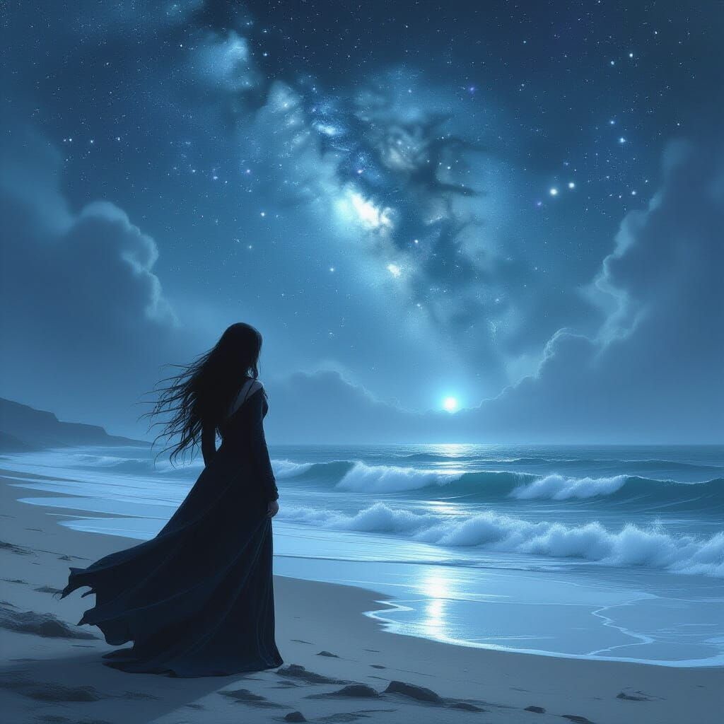Woman on Desolate Shore Gazing at Starry Twilight Sea