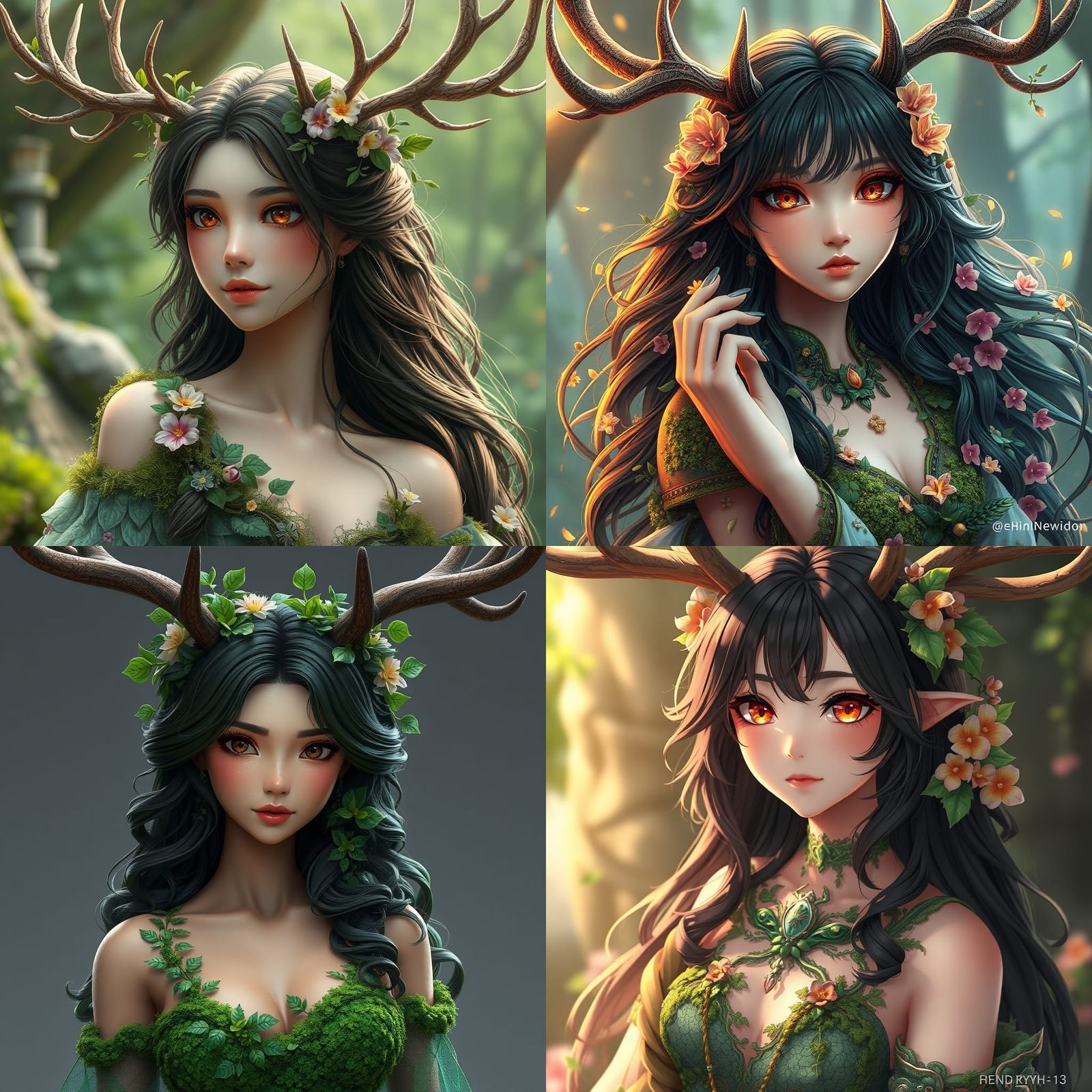 Anime Style Brunette with Antlers and Floral Hair