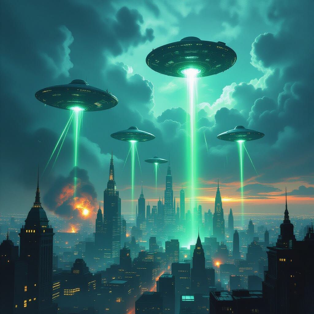 Alien Fleet Attacks Cityscape with Laser Beams