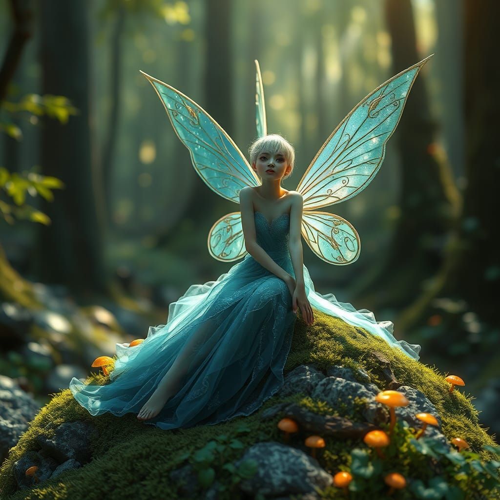 Enchanted Fairy on Mossy Rock in Forest